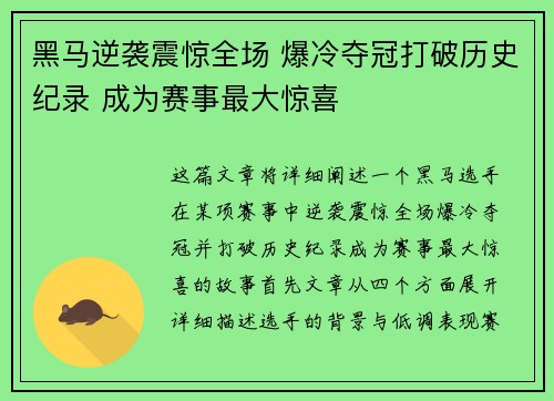 黑马逆袭震惊全场 爆冷夺冠打破历史纪录 成为赛事最大惊喜