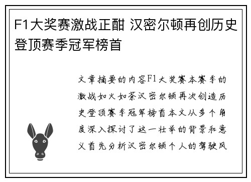 F1大奖赛激战正酣 汉密尔顿再创历史登顶赛季冠军榜首