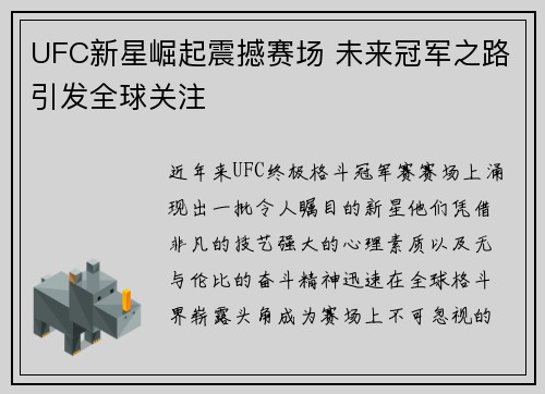 UFC新星崛起震撼赛场 未来冠军之路引发全球关注