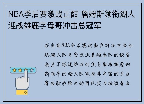 NBA季后赛激战正酣 詹姆斯领衔湖人迎战雄鹿字母哥冲击总冠军